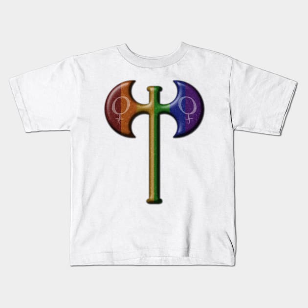 Rainbow Colored Lesbian Pride Labrys with Female Gender Symbols Kids T-Shirt by LiveLoudGraphics